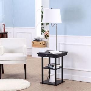 Modern Design Bedside Table Lamps with USB Charging Port, Wooden Black Shelf Storage, and White Fabric Shade Nightstand Table Lamps
