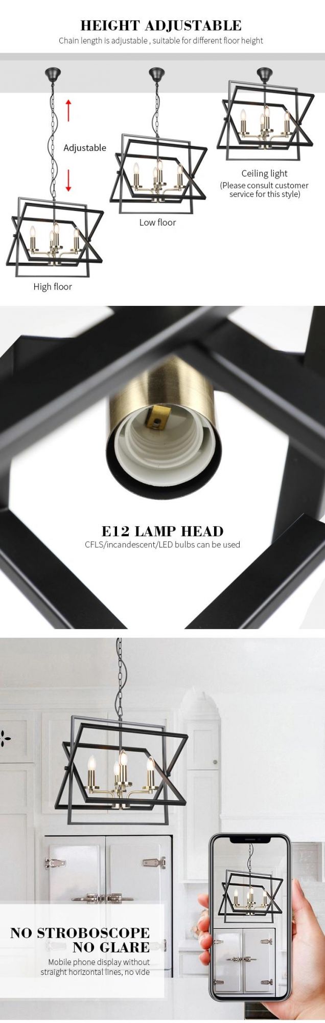 Modern Simple Style E14 Single Light Indoor Iron Black Glass Kitchen Pendant Light