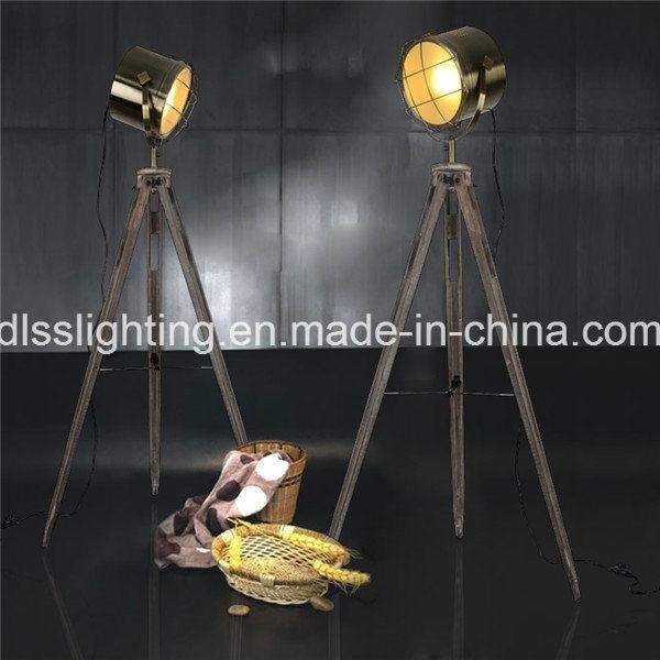 Vintage Spotlight Shape Wood&Steel Tripod Standing Floor Lamp