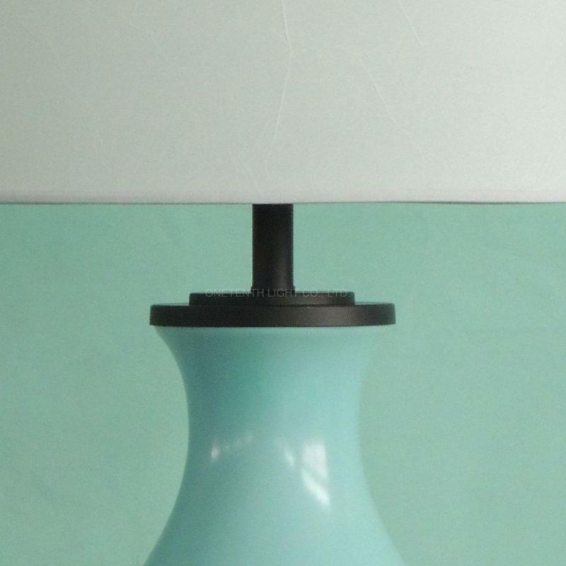 Blue Ceramic and Fabric Shade Fluorescent Desk Lamp with Power USB Outlet