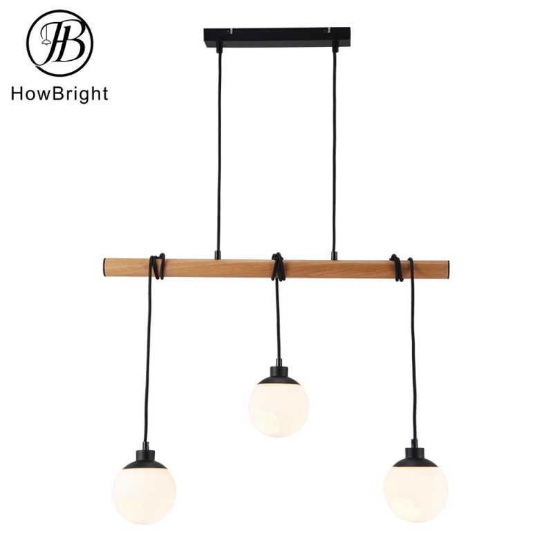 Industrial Nordic E14 Retro Indoor Lighting Lampara Colgante De Barra Decorative Ceiling Lamp Black Chandeliers Ball Glass Wooden Hanging Light 3 Lamps Light