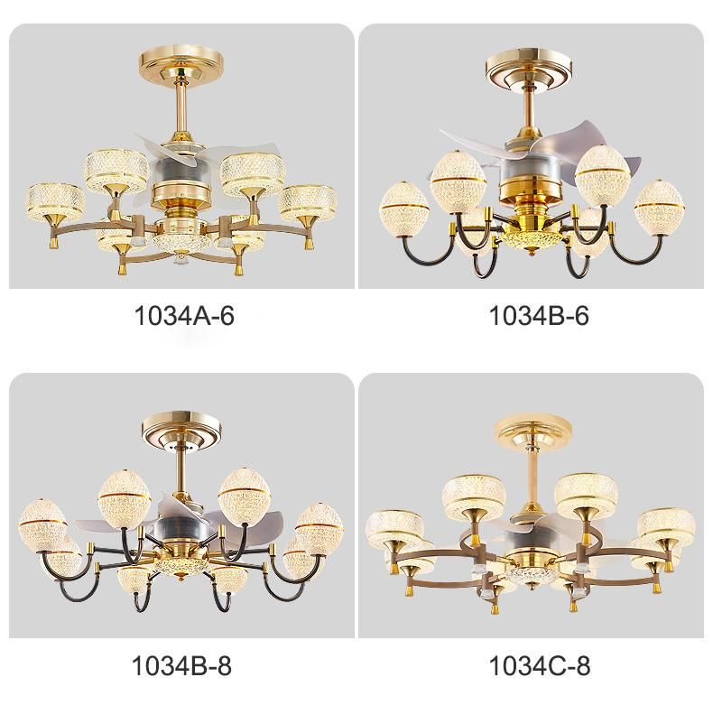 Nordic Copper Ceiling Fan Light Glass Crystal Chandelier Household Living Room Dining Room Fan with Light Remote Control