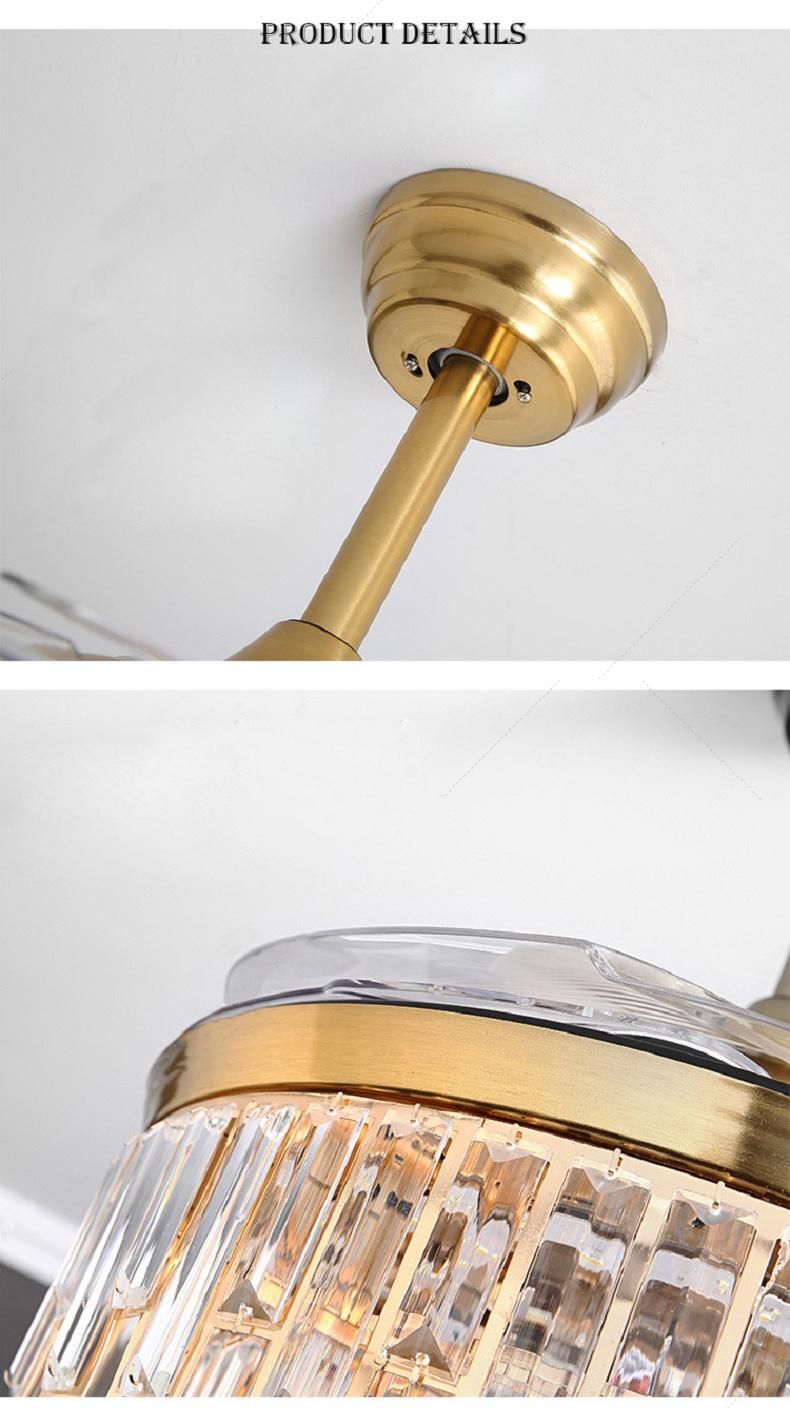 Crystal Ceiling Lamp Hidden Retractable Blades Retractable LED Ceiling Fan with Lighting Remote Control Luminous Light