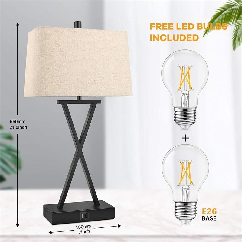 Modern USB Table Lamp Linen Shade Wireless Charge Table Lamps Black LED Light