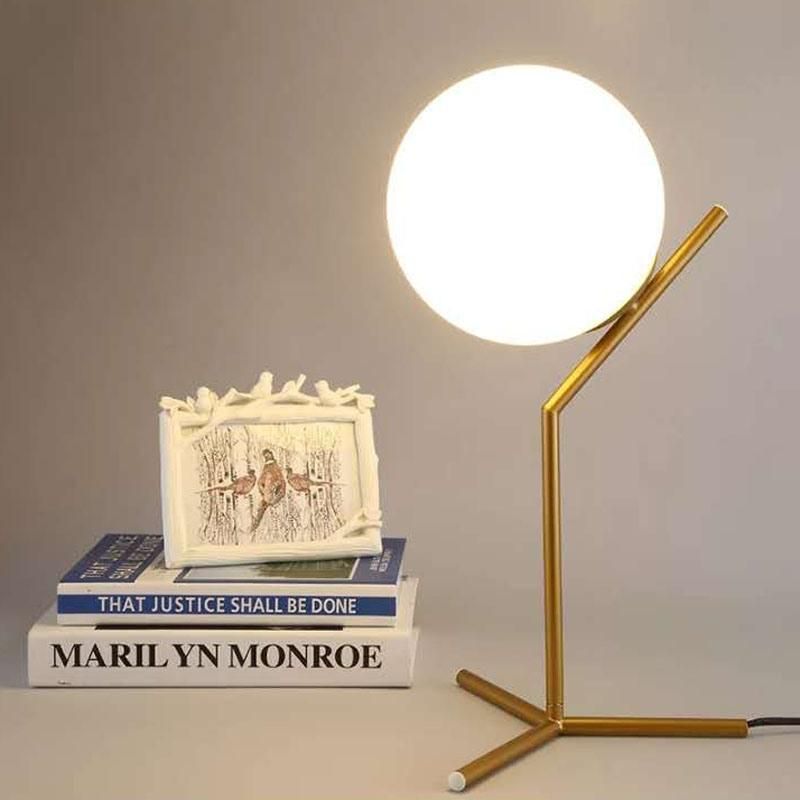 Nordic Design Hotel European Black Copper LED Milk White Round Glass Marble Decoration Desk Reading Table Lighting Gold Metal Table Lamp with Glass Ball