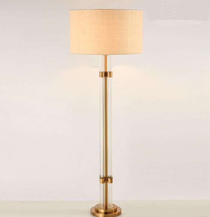 Post Modern Hotel Glass Standing Column Floor Lamp Light with Fabric Shade for Living Room, Bedroom