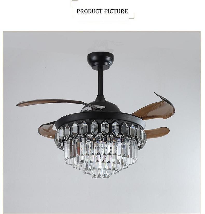 Luxury Crystal 42 Inch Retractable ABS Blades Ceiling Fan Crystal Chandelier Light for Restaurant