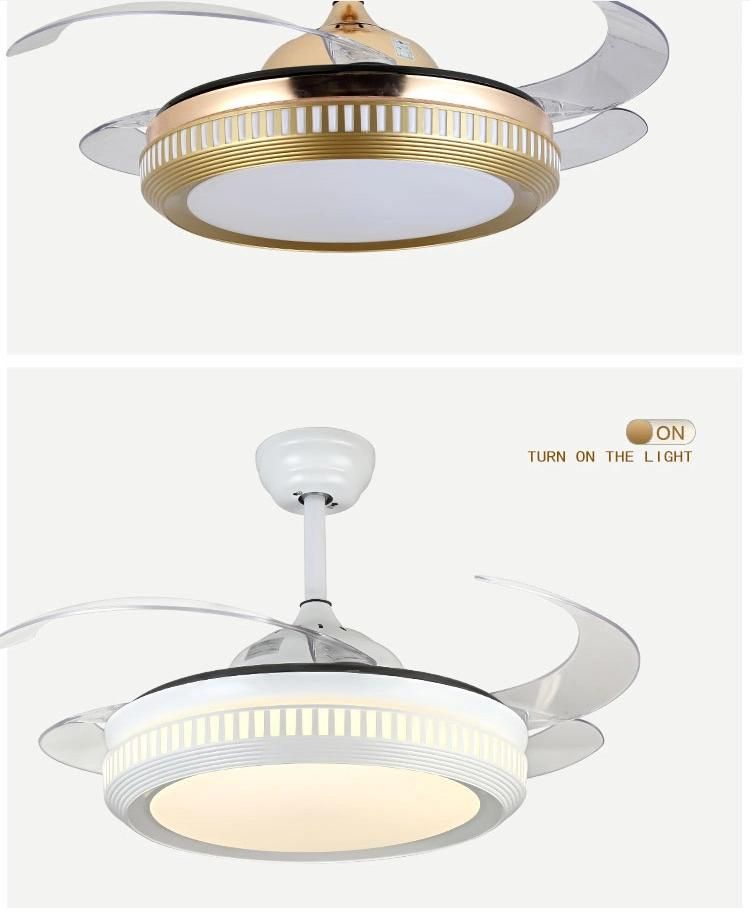 42 Inch Hidden Blades Retractable Invisible Crystal Chandelier Ceiling Fan Light