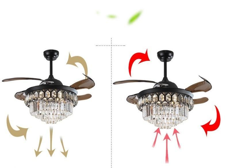 Luxury Invisible ABS Blade Fan Chandelier Lighting Remote Control Black Crystal Chandelier LED Ceiling Fan
