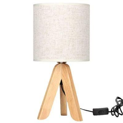 Cylindrical Linen Lampshade Wood Material Tripod Frame Base Table Lamp