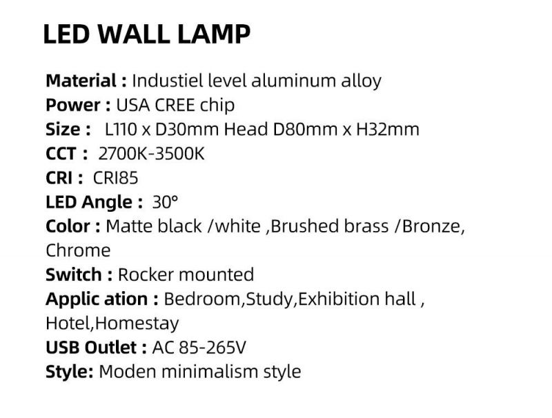 LED Light Modern Wall Lamp Rocker Switch Surface Mounted LED Wall Light Fixtures 2W 1201lm 2700K Hotel Home Lighting