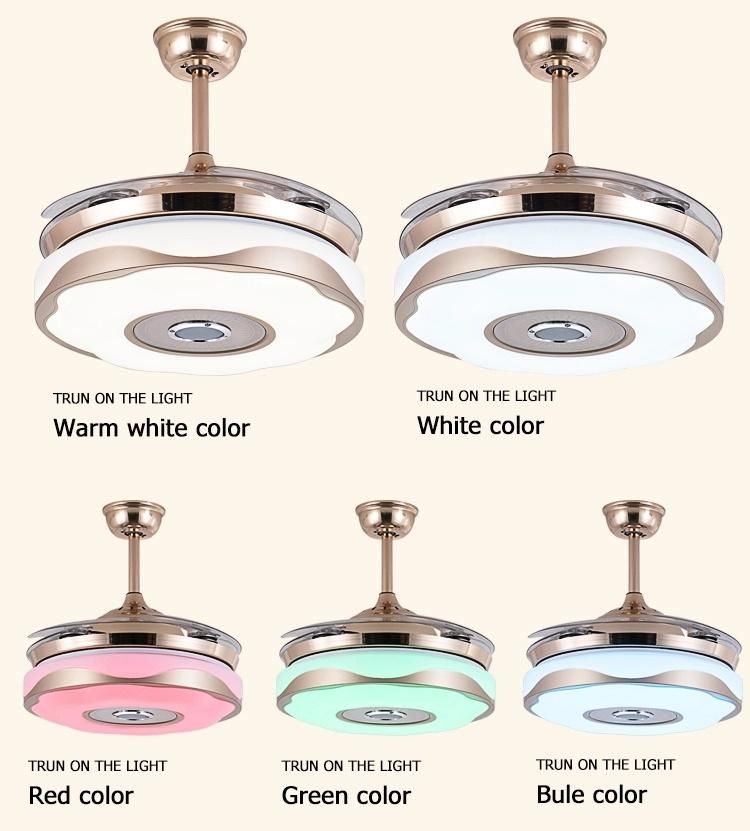 Golden Simple Bluetooth Audio Fan Light 4 Pieces Hidden Blades; MP3+ Bluetooth Ceiling Fan Light