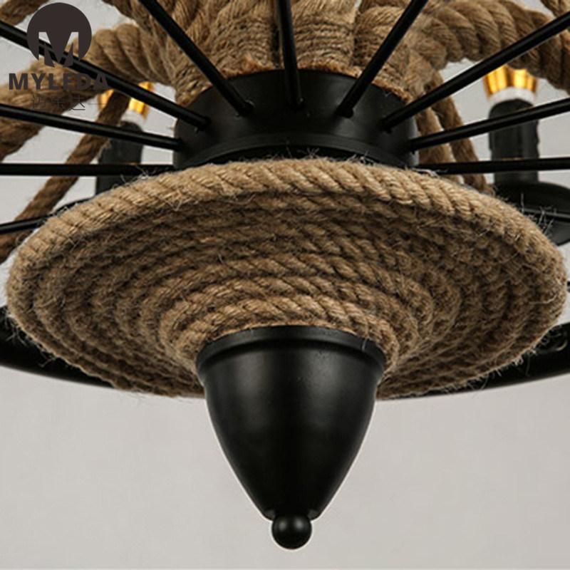 Vintage American Country Style Hemp Rope Iron Pendant Light