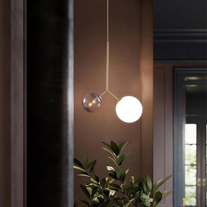 Modern Iron Pendant Lamps Decorative Restaurant Abelone Asymmetry Dual Globe Glass Pendant Light (WH-AP-299)
