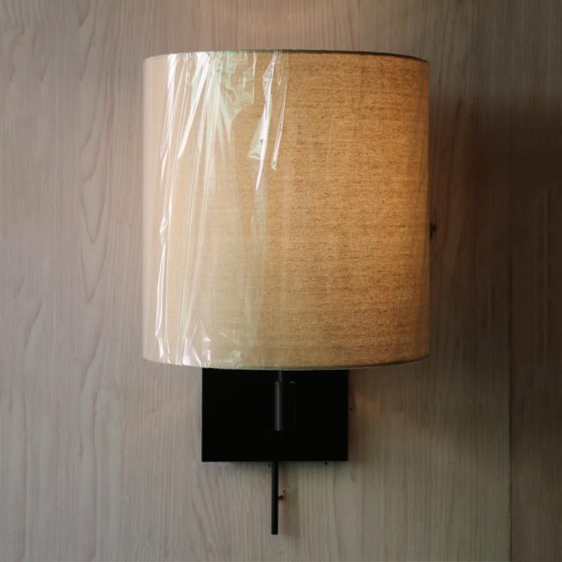 Taupe Linen Fabric Shade and Metal Support Arm Wall Lamp.