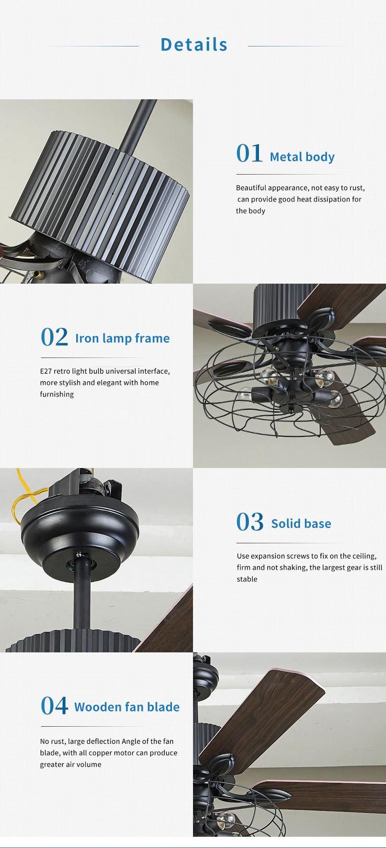 Ceiling Fan with Light for Restaurant Living Room Bedroom Create Iron Cage Rustic Style LED Lamp