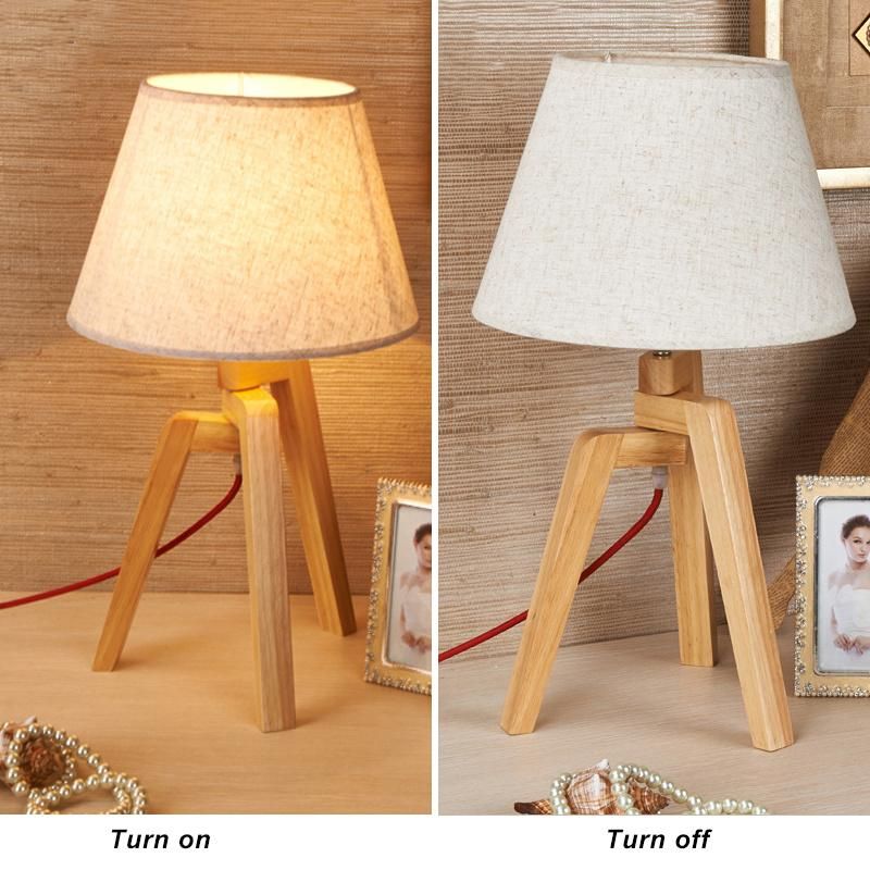 Beige Lien Shade Bedside Nightstand Light Solid Wood Base, Convenient Pull Chain Table Desk Lamp