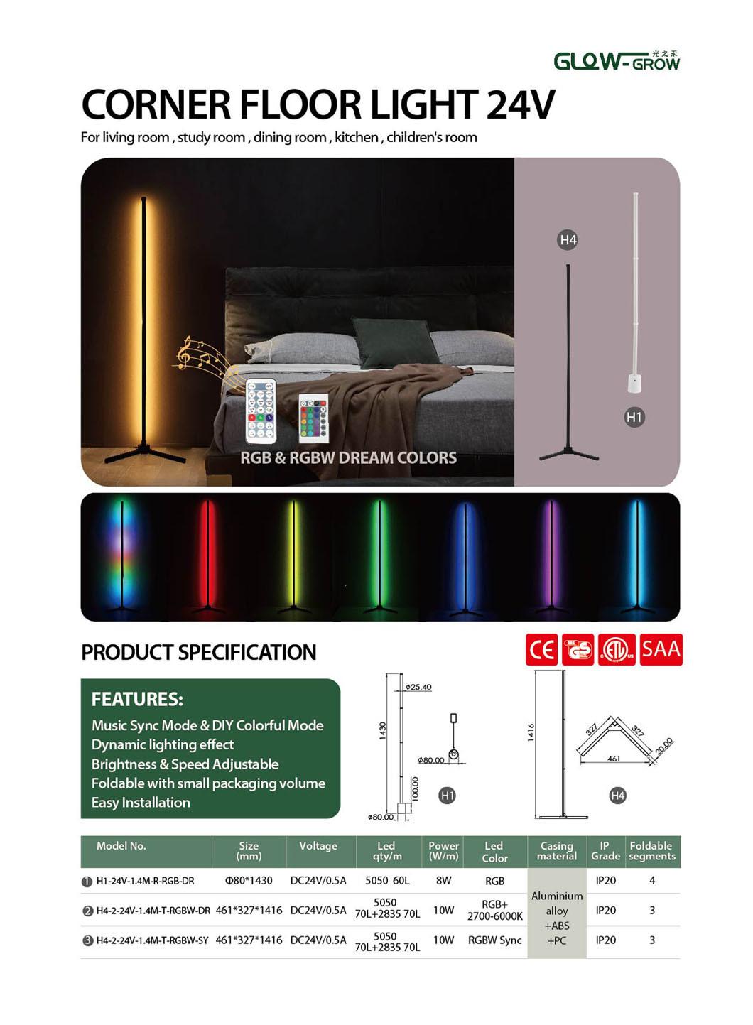 RGB Atmosphere Dimmable LED Corner Floor Lamp Light with Tuya System for House Home Bedroom Decoration