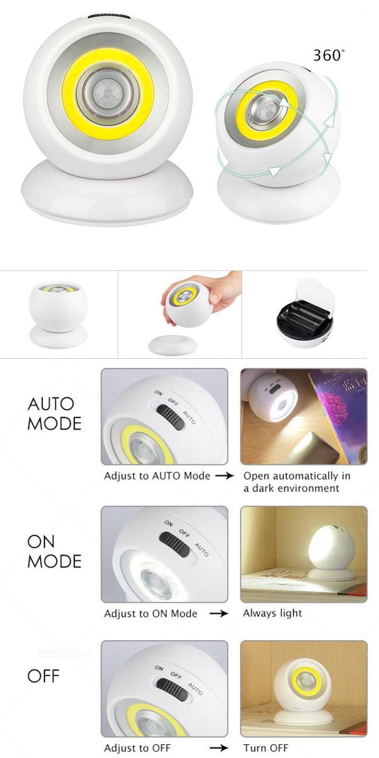 Wholesale Quality Indoor 3W COB Night Decorative Lights 130lm LED Night Sensor Lamp 360 Degree Swivel Night PIR Sensor Light