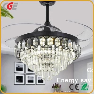 Luxury Retractable ABS Blades Silent Copper Motor Metal Decorative Crystal Ceiling Fan Light Modern