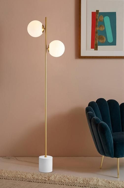 Nordic Modern Creative Floor Lamps Home Living Room Decoration Light Romantic Designer Stand Gold Metal Marble LED Floor Lamp with Two Glass Ball Shades