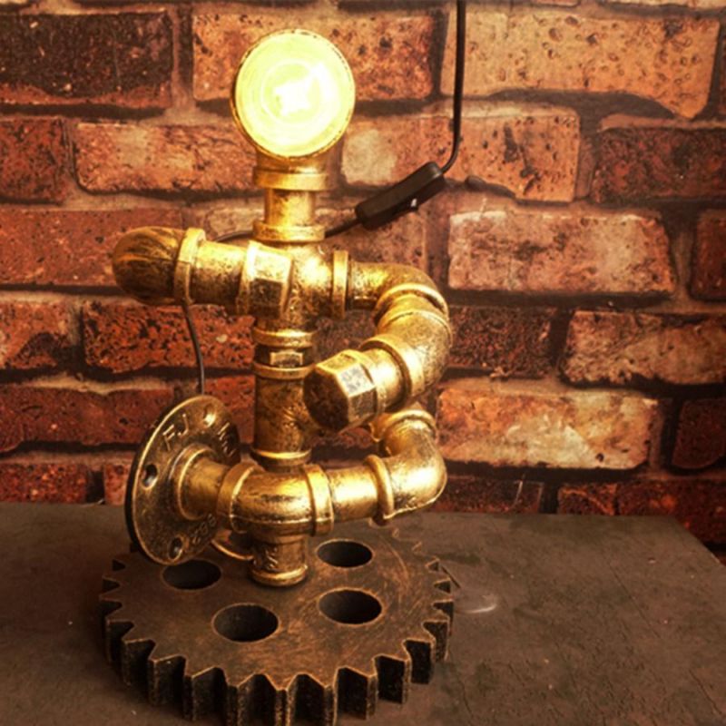 Iron Gear Steam Punk Loft Table Lights Wood Lights Robot Retro Vintage Bedroom Table Lamp (WH-VTB-32)