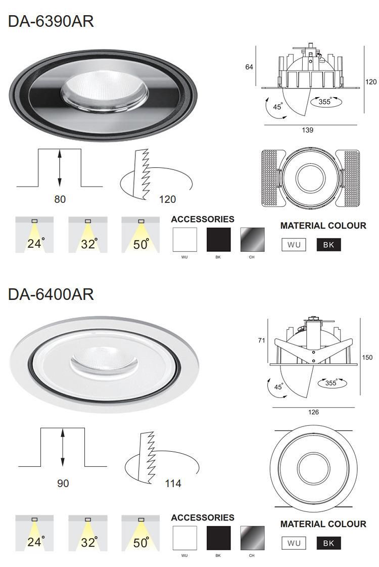 Adjustable 15W 3000K White Black Color Hotel Project LED Recessed Downlight