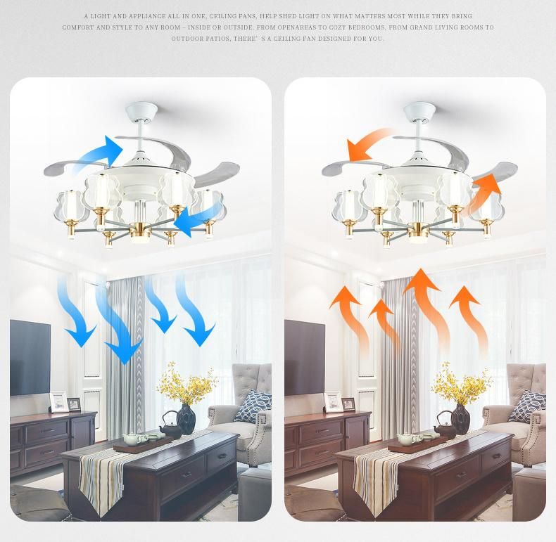 Hotel Decorative Lighting Chandelier Crystal Folding Remote Control Ceiling Fans with LED Light