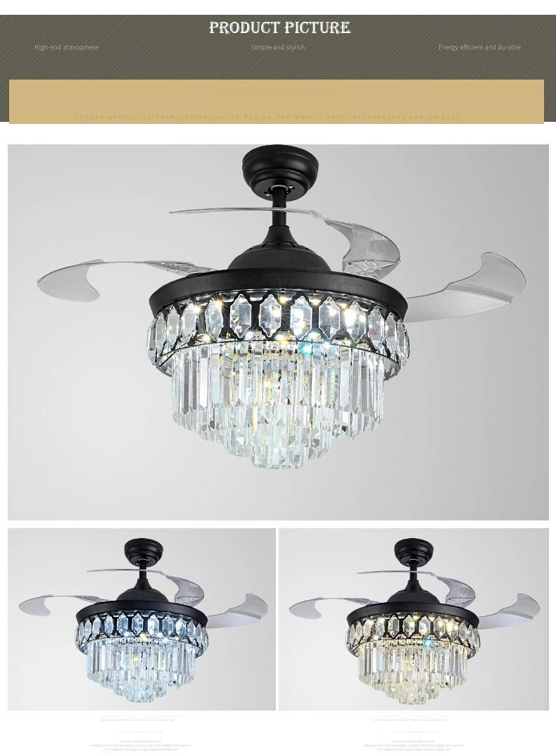 Luxury Retractable ABS Blades Silent Copper Motor Metal Decorative Crystal Ceiling Fan Light Modern