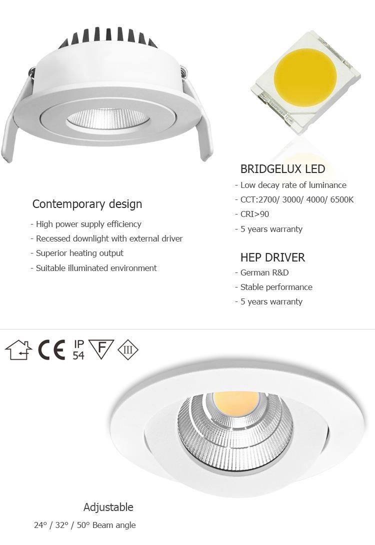 Adjustable 10W 3000K CRI90 0-10V& Dali Dimmable LED Spotlight Reccesed Downlight