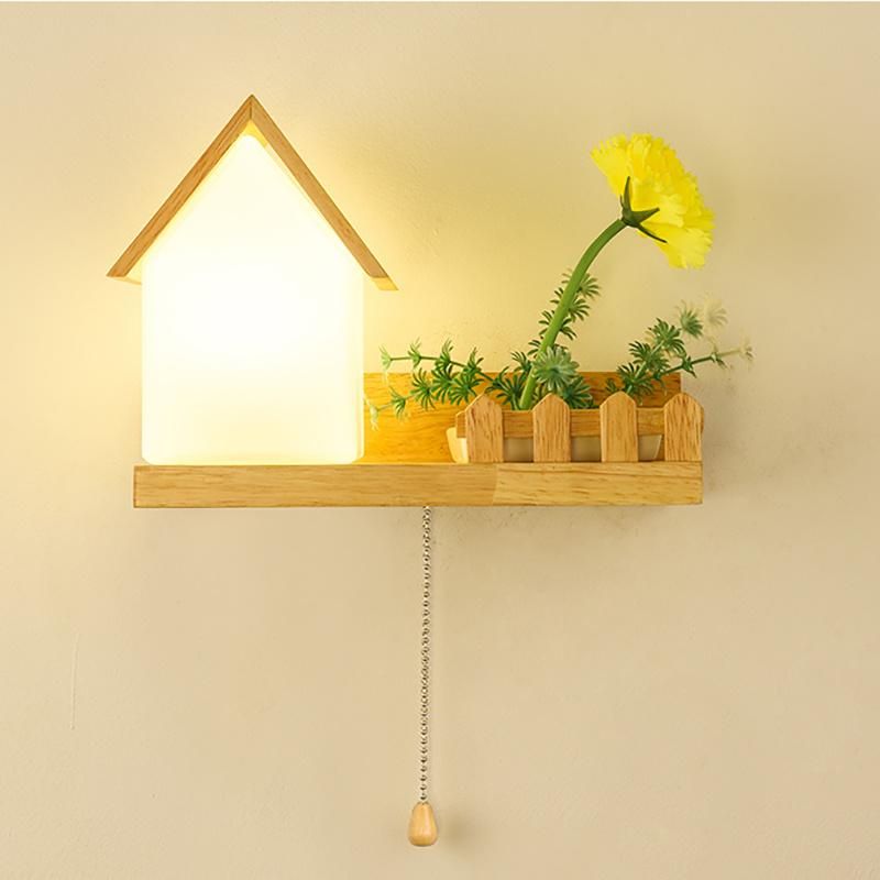 Solid Wood LED Bedroom Light with Switch, Living Room Wall Light