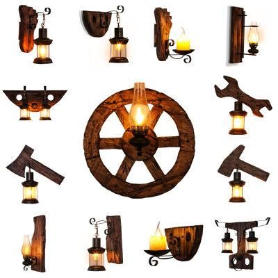 Amazon Hot Sale Indoor Cafe Iron Retro Wall Mounted Metal Wood Bar Lamp LED Loft Rustic Vintage Industrial Wooden Wall Lights