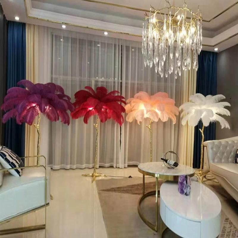 Standing Lights Luxury Champagne Ostrich Feather Floor Lamp Creative Villa Living Room Bedroom Bedside Table Lamp