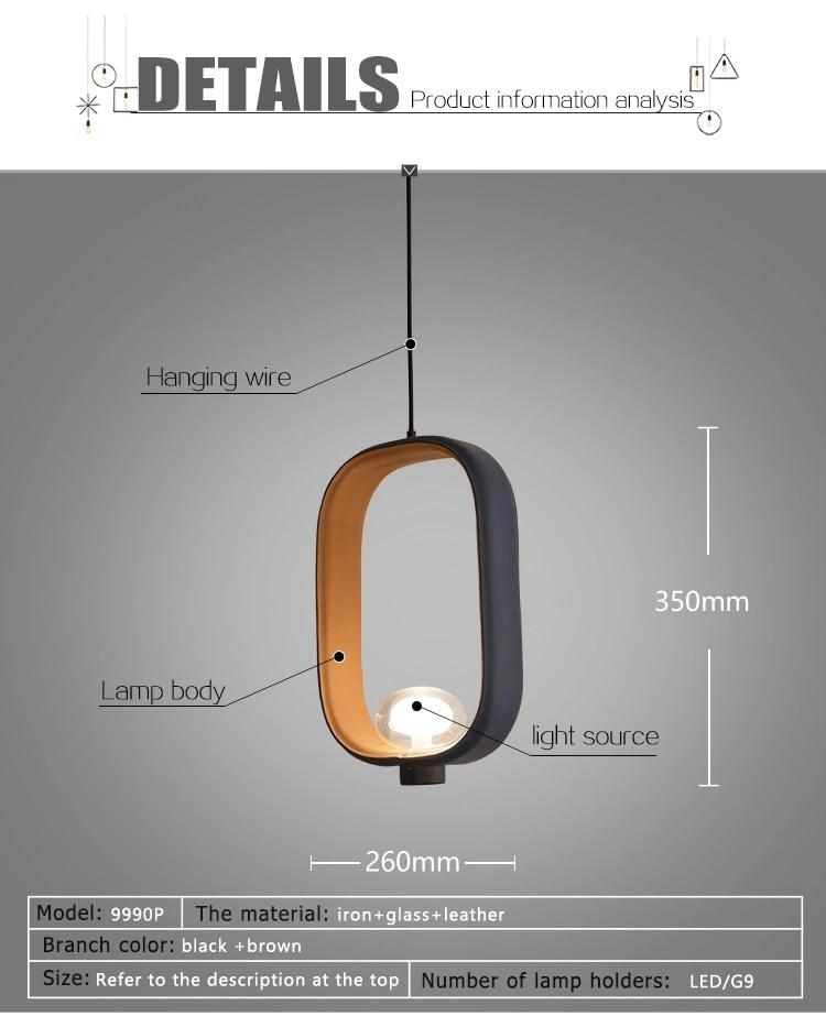 Rectangular Loop Darkblue Leather Brown Glass G9 Stylish Pendant Lamp