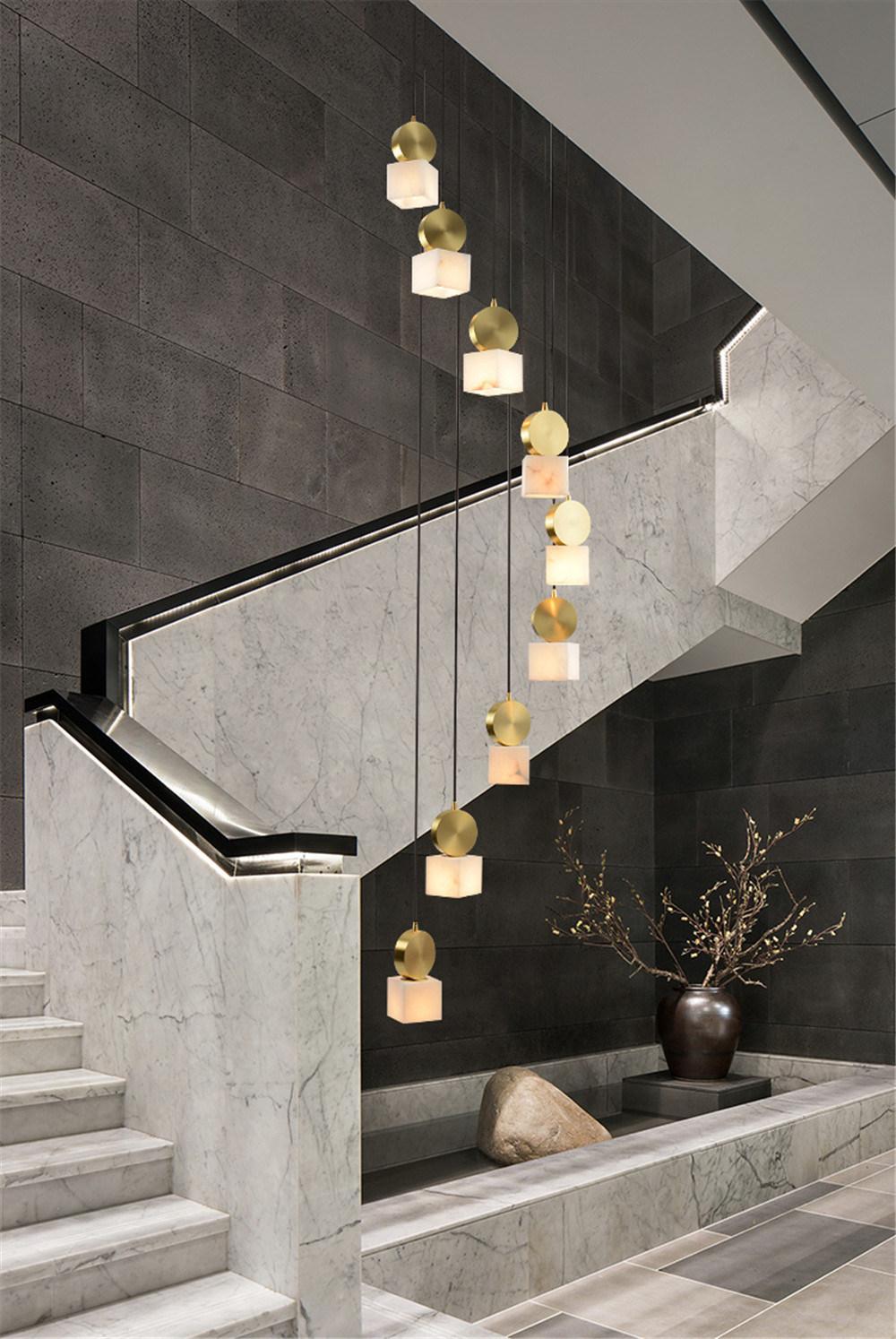 Stairs Marble Long Chandelier Modern Minimalist Villa Atmosphere Living Room Loft Duplex Building All Copper Chandelier