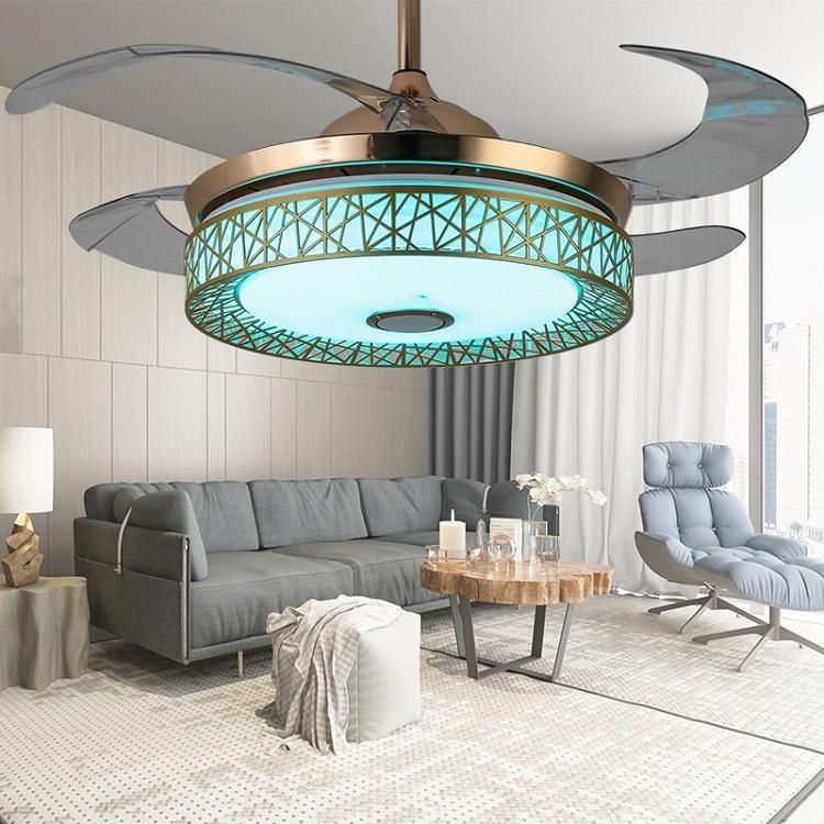 Modern 42" 48"Remote Control Bluetooth DC Retractable Blades Ceiling Pendant Fan Light with Speaker