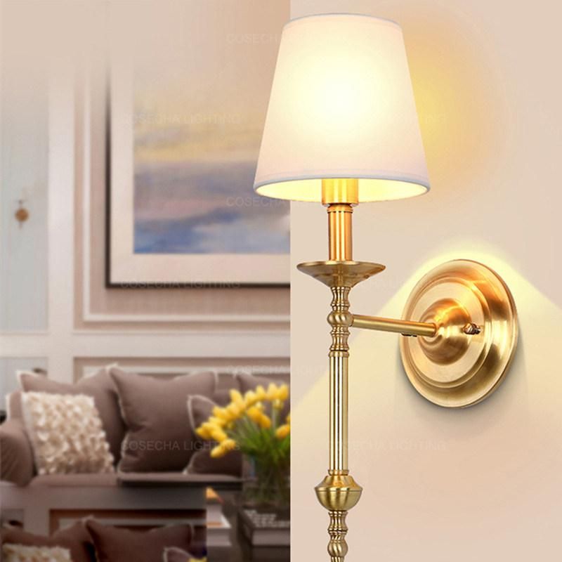 Noble Copper Wall Lights with Fabric Shade for Bedroom Hallway Gold Luxury Brass Wall Sconce (WH-OR-82)