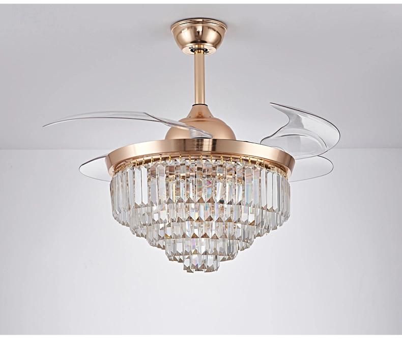 Golden Crystal Invisible Ceiling Fan Light with Remote Control 3 Color Changes LED Chandelier Fan Lamp