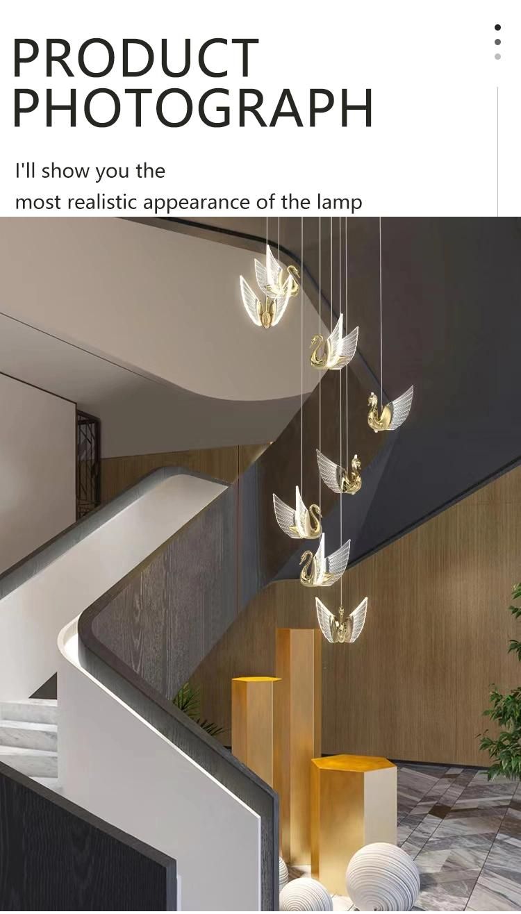 Goose Shape Decorative Staircase Hotel Commercial Custom Project Luxury Glass Long Chandelier