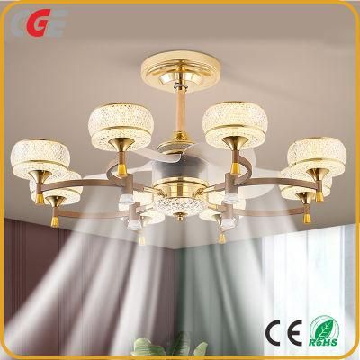 Nordic Copper Ceiling Fan Light Glass Crystal Chandelier Household Living Room Dining Room Fan with Light Remote Control