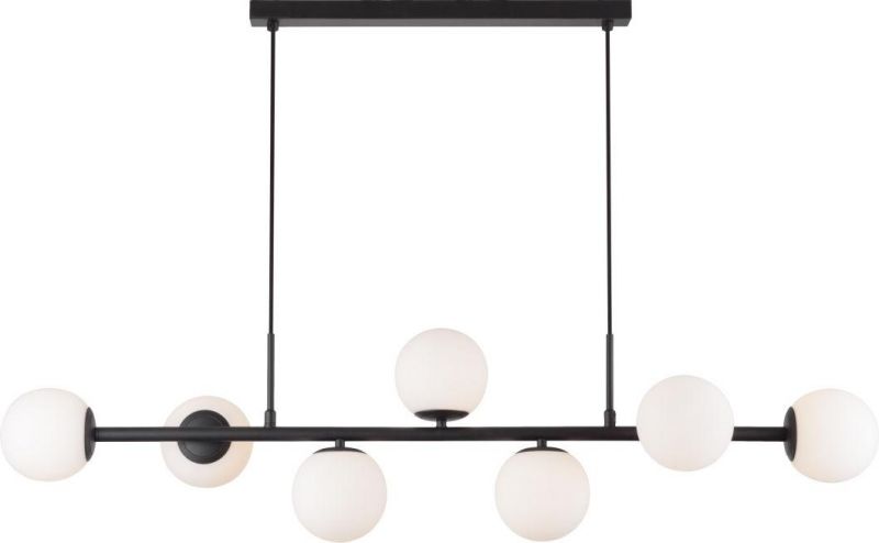 Globe Linear Chandelier 7-Light Hanging Pendant Light Fixtures MID Century Modern Ceiling Lamp for Living Room Dining Room Kitchen (Opal Glass & Matt Black)