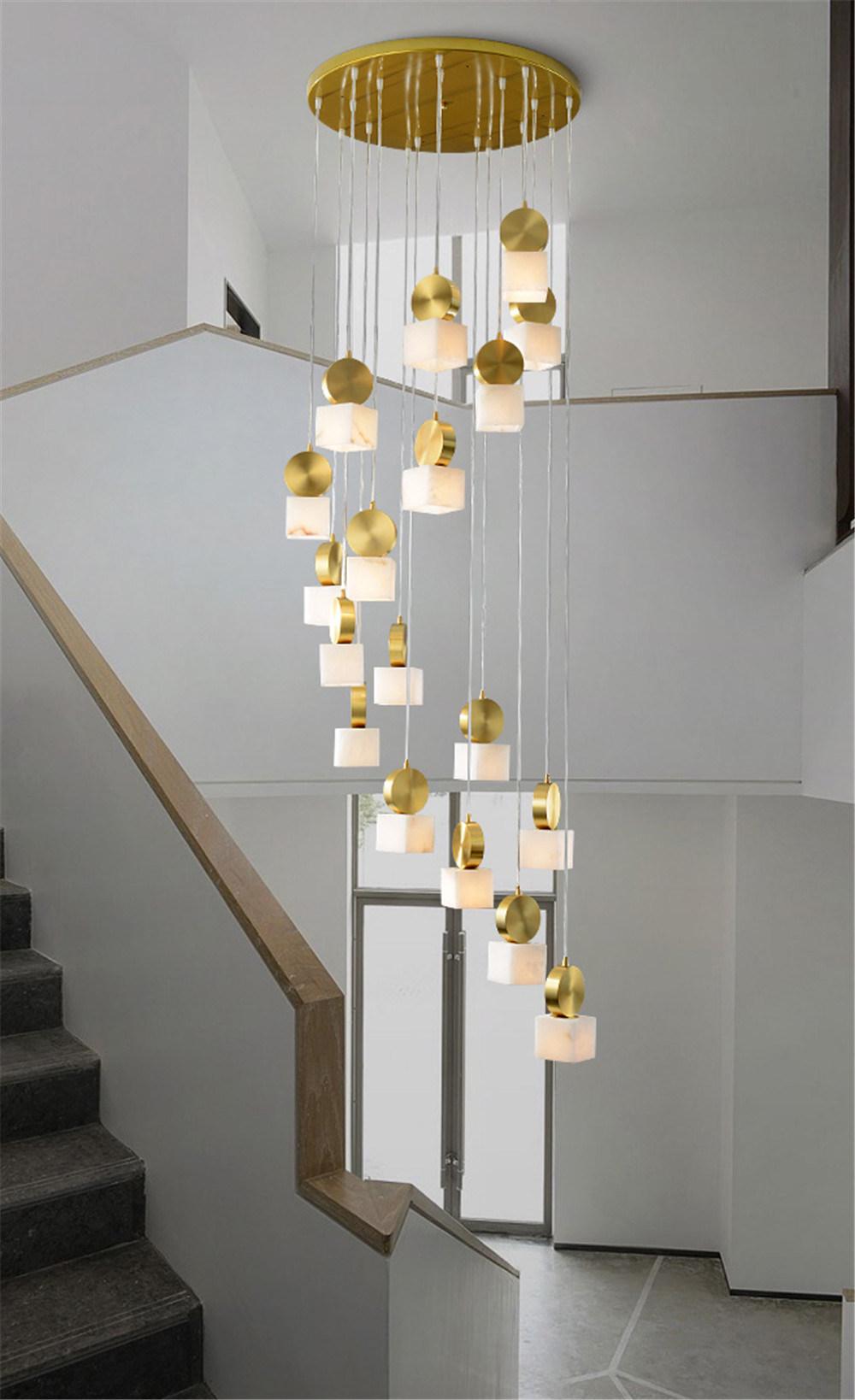 Stairs Marble Long Chandelier Modern Minimalist Villa Atmosphere Living Room Loft Duplex Building All Copper Chandelier