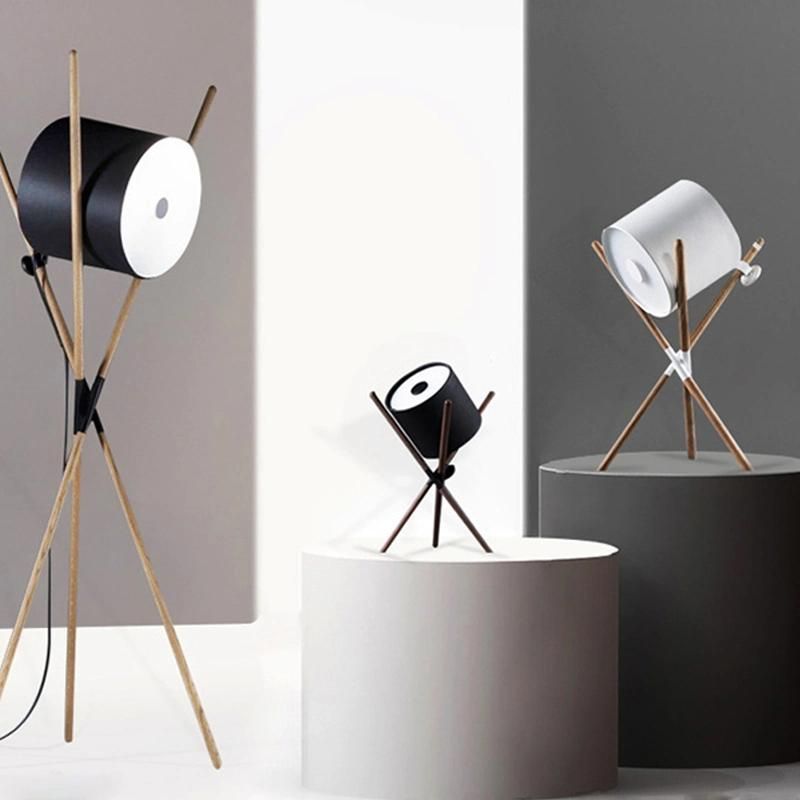 Designer Walnut Solid Wood Three Corner Table Lamp Nordic Lying Drum Model Room Creative Post Modern Three-Legged Leather Floor Lamp