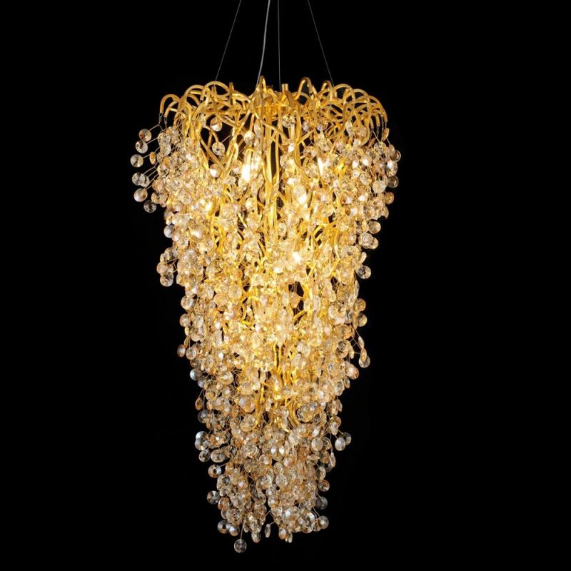 2022 Polished Long Shape Handmade Customized Copper Brass Leaf Clear Crystal Ceiling Pendant Lamp Chandelier Hotel Lobby Hall Stair