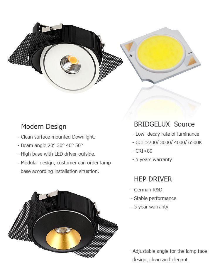 15W Recessed Adjustable 3000K Triac Dimmable Indoor Lighting Spotlight LED COB Downlight