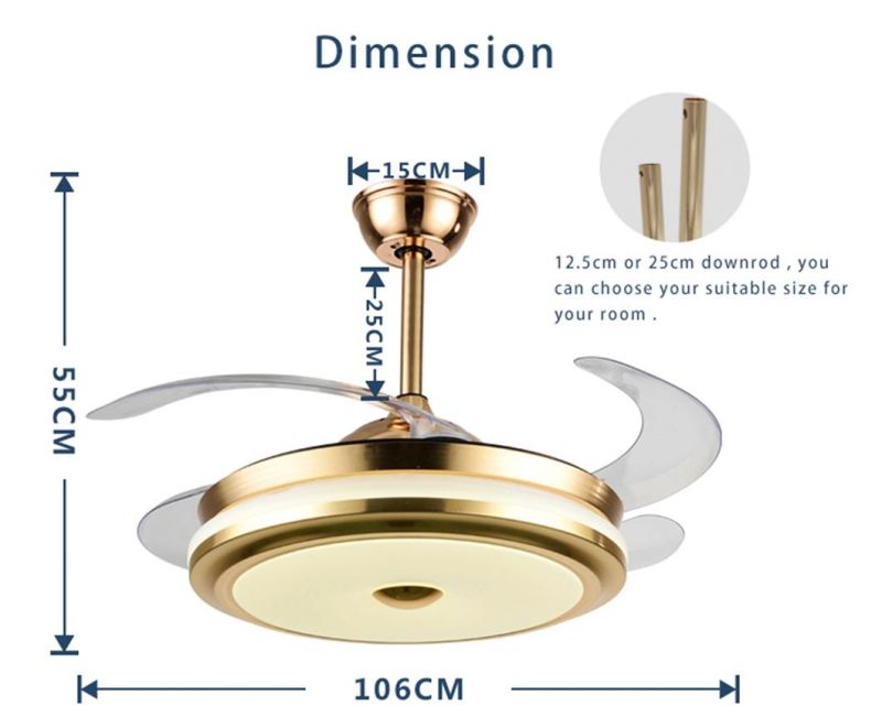 Indoor Decoration Save Energy DC Inverter Motor 5 Speed Hidden Blades Golden LED Fan Light