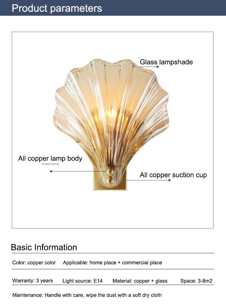 LED All-Copper Light Luxury Crystal Wall Lamp Living Room Background Wall Lamp Bedroom Bedside Lamp Shell Lamp