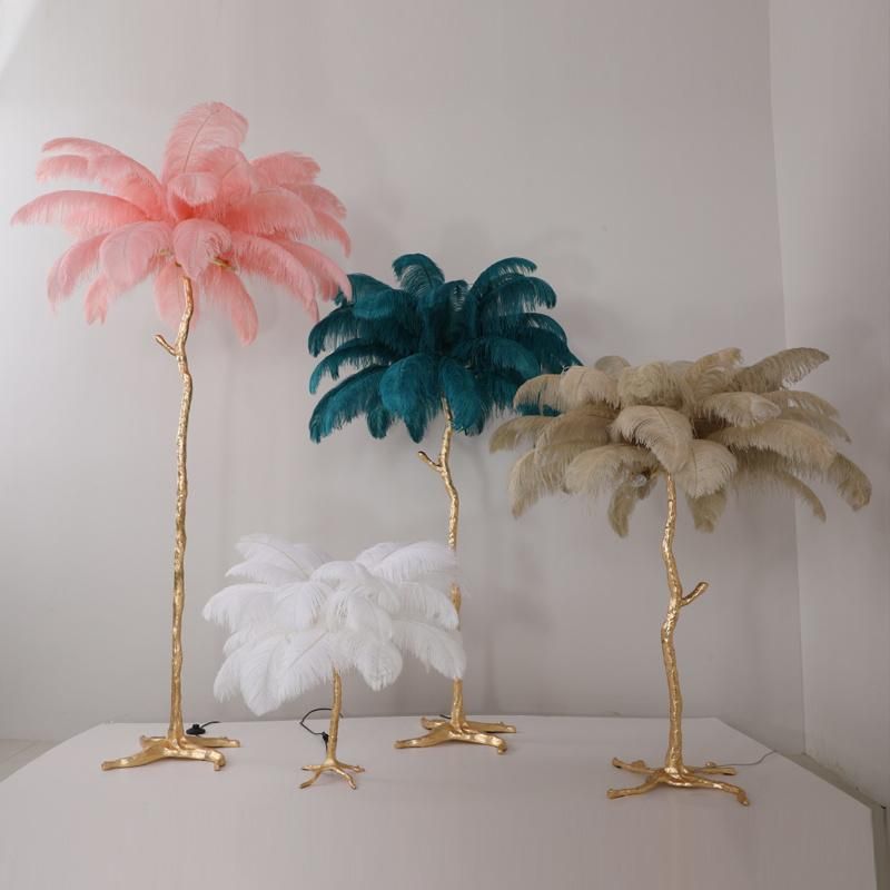 Nordic Modern Brass Copper Resin Hotel Stand Lamp Light Ostrich Feather Light Floor Lamp