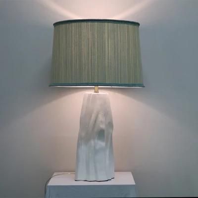 White Ceramic Body Fabric Shade with blue Trimming Table Lamp