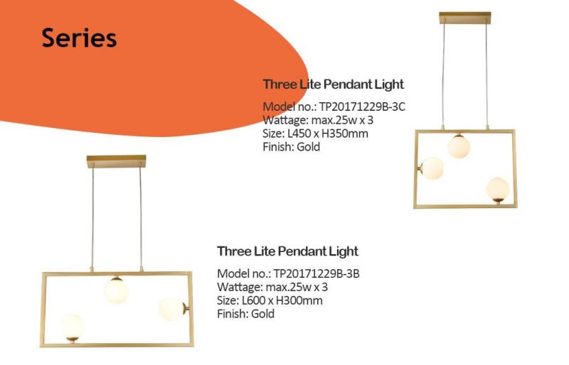 Three Lite Gold Rectangle Frame Pendant Lamp with Opal Glass